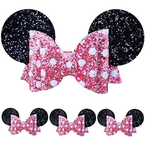 MODFUNS Pink Mouse Ears Clips Sequin Bow Hair Clips 4PCS 4.7X2.7 Inch Sparkle...