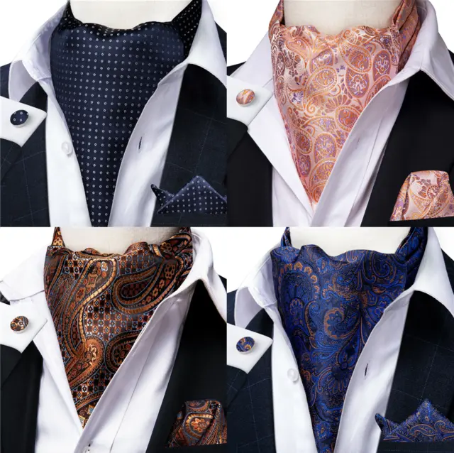 Mens Silk Ascot Cravat Vintage Tie Jacquard Paisley Scarf Hanky Cufflinks Set UK