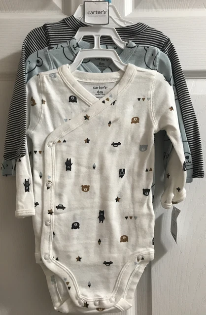 Carters NWT (3) Baby Boy 6mo One Piece Long Sleeve Snap Bodysuits Bears Stripes