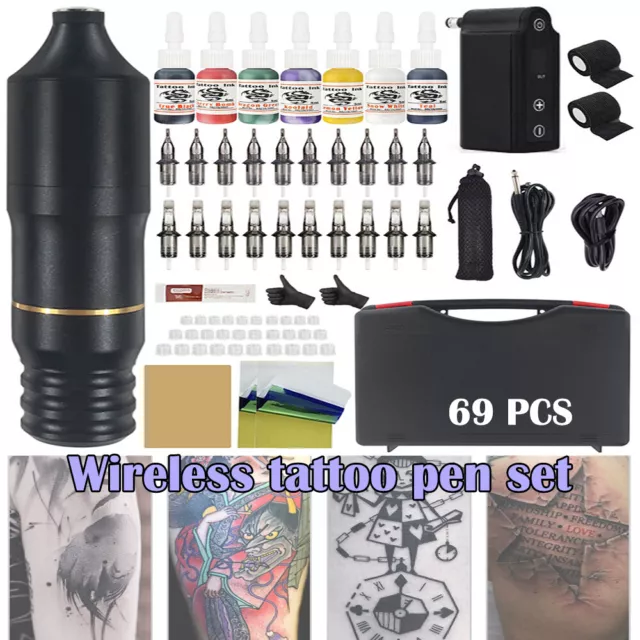 Tattoo Machine Kit Wireless Rotary Motor Pen Gun Color Inks Power Supply Needle