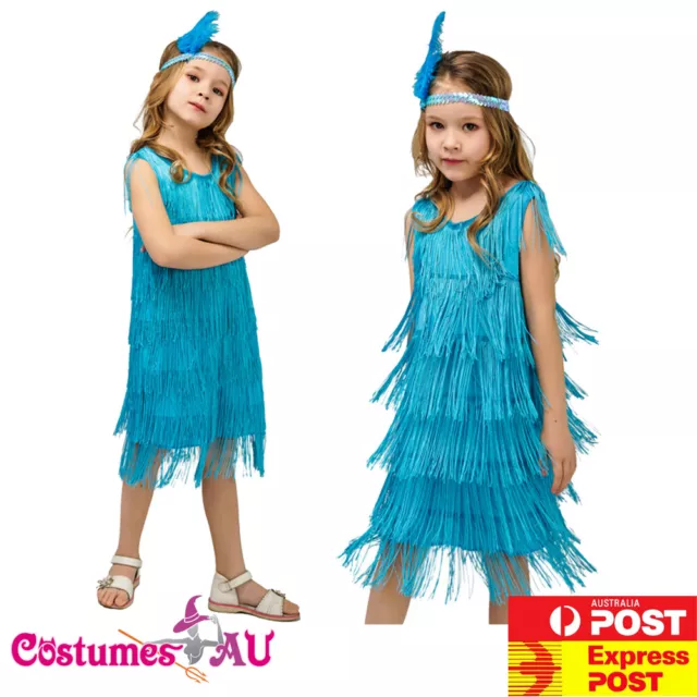 Girls 20s Gatsby Costume 1920s Child Kids Blue Flapper Charleston Fancy Dress