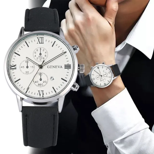 Men's Casual Watch Stainless Steel Case Leather Band Analog Quartz Sport Watches