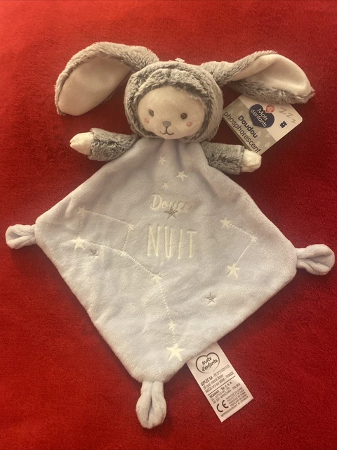 Doudou Ours Déguisé  Lapin Bleu Blanc Gris Douce Nuit MOTS D’ENFANTS NEUF !