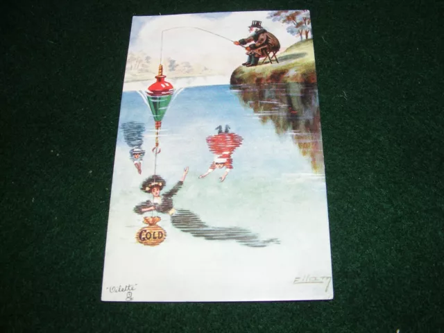 Postcard Art W Ellam Fishing Angling Fantasy Gent Rod Submerged Lady Gold Tuck