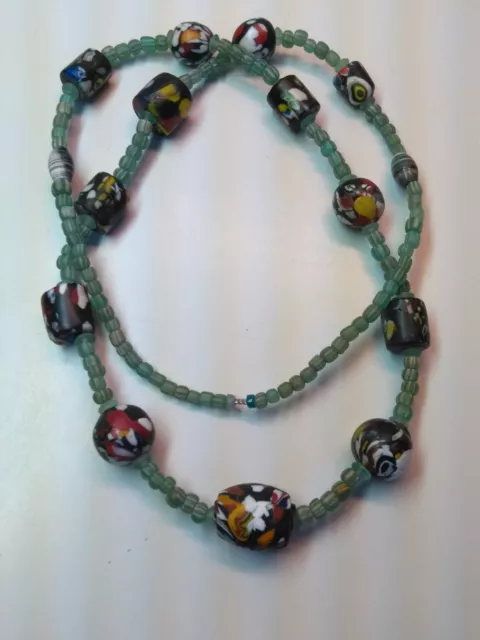 ETHNIC MOSAIC QUARTZ GLASS & LAMPWORKS HANDCRAFTED BEADED NECKLACE. MID 1900's