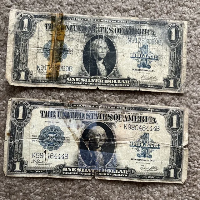 LOT OF 2 Series 1923 Large One Dollar Silver Certificate Notes Blue Seal