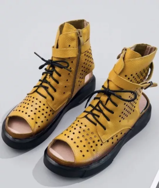 Genuine Handmade Leather Yellow Lace Up Ankle Boots Women 8.5 MSRP $110