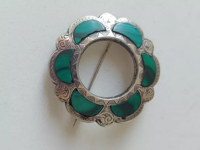 Antique Victorian Silver & Malachite Scottish Pebble Brooch Pin