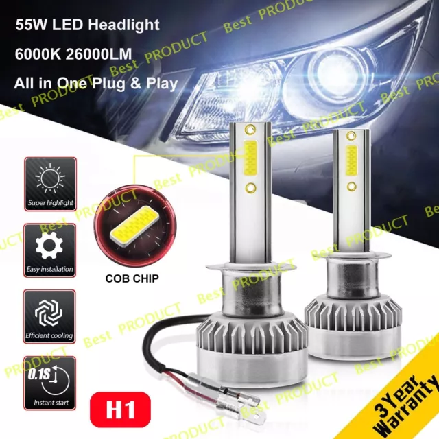 2x 55W 26000LM H1 LED Ampoule Voiture Feux Lampe Kit Phare Remplace Xenon 6000K
