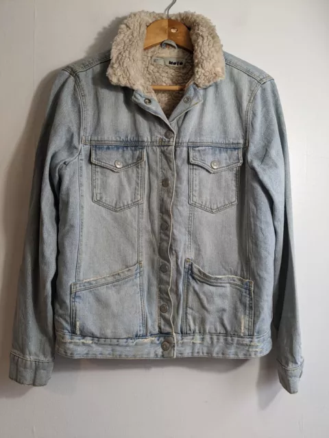 Ladies Topshop Denim Borg Jacket Size UK 10 Moto Blue Trucker Sherpa Pile Lined