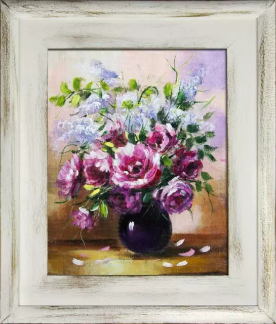 W602 Tableau moderne vase fleurs pourpres sur toile cadre 30 × 30 cm