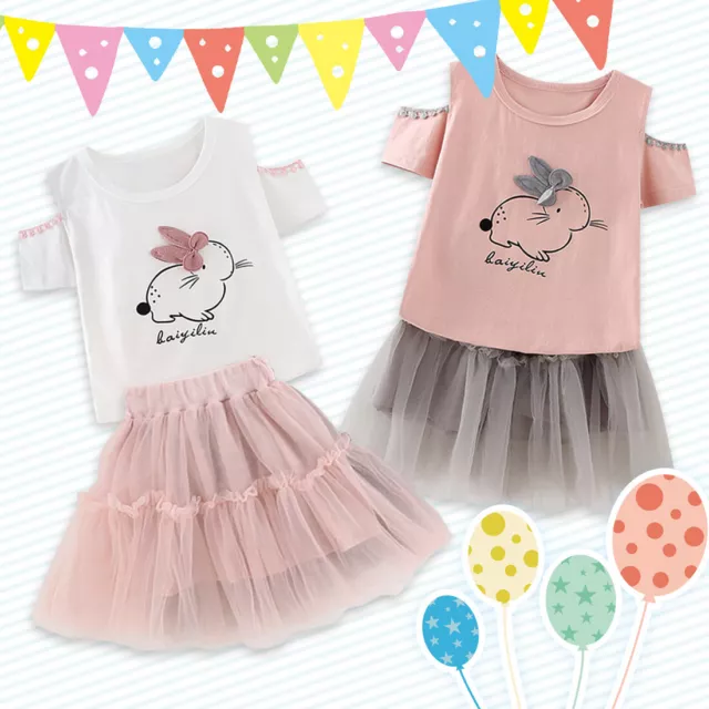 Toddler Girls Round Neck Rabbit Tops T-Shirt Tutu Skirt Dress Outfit 2pcs Sets