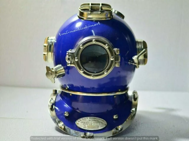 18" Antique Blue Diving Helmet US Navy Mark V scuba Deep Sea Marine Vintage