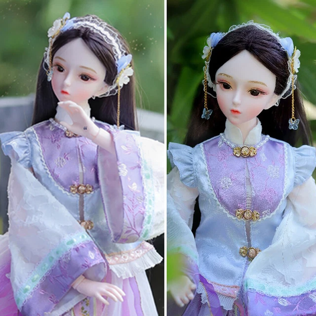 Bambola BJD 1/3 ragazza con trucco viso vestiti viola capelli radicati set completo assemblata