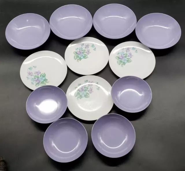 12 Mar-Crest Melmac Purple Corsage Soup Bowl Fruit Dish Bread Butter Plate w Box