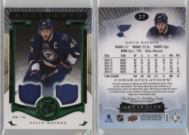 2015-16 Upper Deck Artifacts Emerald Jersey/Patch /75 David Backes #27 Patch