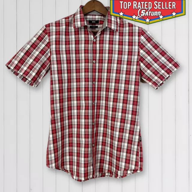 HUGO BOSS - Medium Slim Fit - Men's Short Sleeve Button Up Shirt - Red Plaid