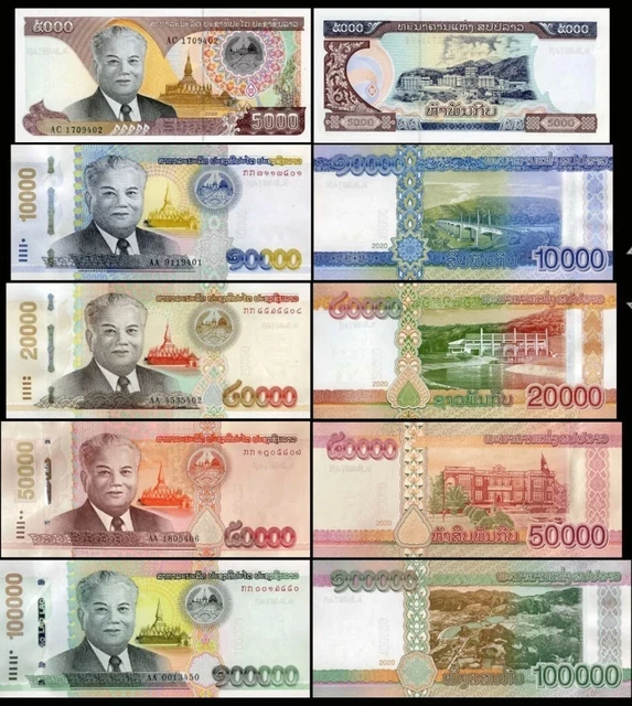 Laos Set 5 PCS, 5000 10000 20000 50000 100000 Kip 2020(2022) UNC NEW