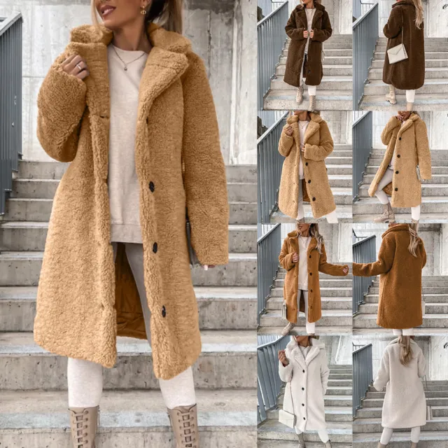 Womens Teddy Bear Fleece Trench Coat Ladies Winter Warm Fluffy Jacket Overcoat