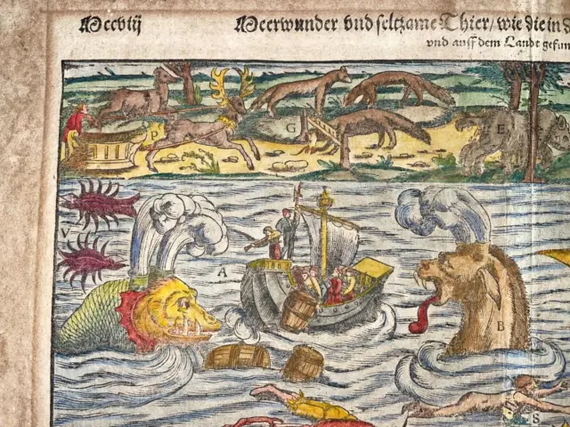 Sea Monster Chart 1598 Sebastian Munster Large Unusual Antique Map 16Th Century 2