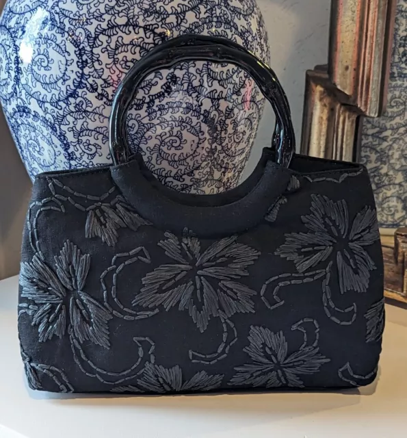 Forever By Fossil Black Embroidered Purse Faux Bamboo Handles