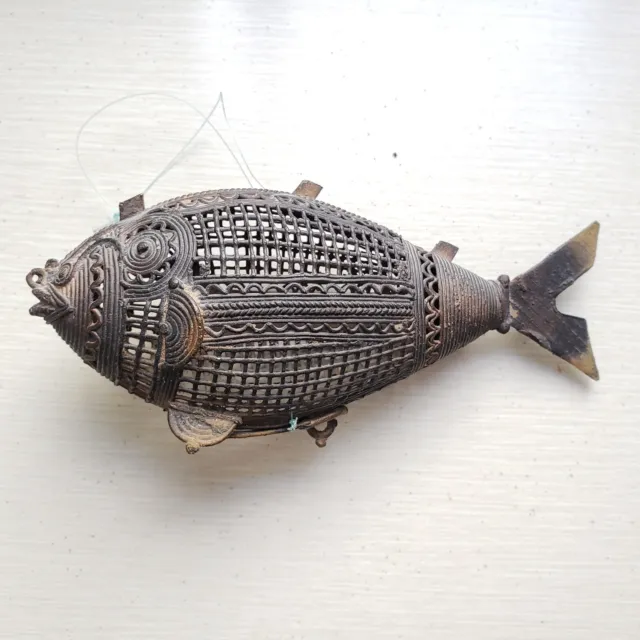 Antique Bronze Fish Lost Wax Dhokra Jali Box Figurine Incense Burner from India