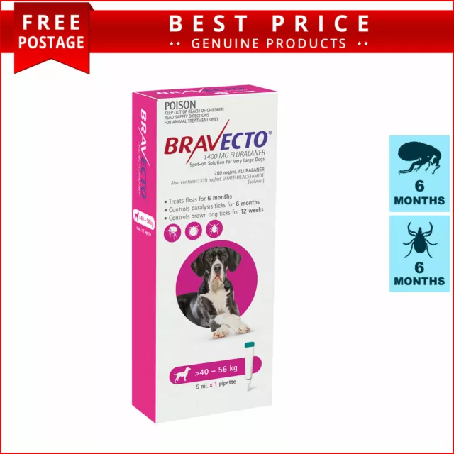 BRAVECTO Spot On Dogs 1 Dose Flea Prevention for 6 months 40 to 56 Kg PINK