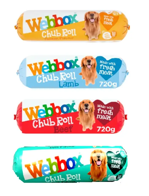 WEBBOX CHUB ROLLS Wet Dog Food Assorted 15 or 30 Rolls Chicken Beef Lamb Duck