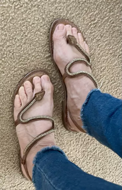 Vtg ANTONIO MELANI Snake Sandals Beaded Tan Leather Flat size 7