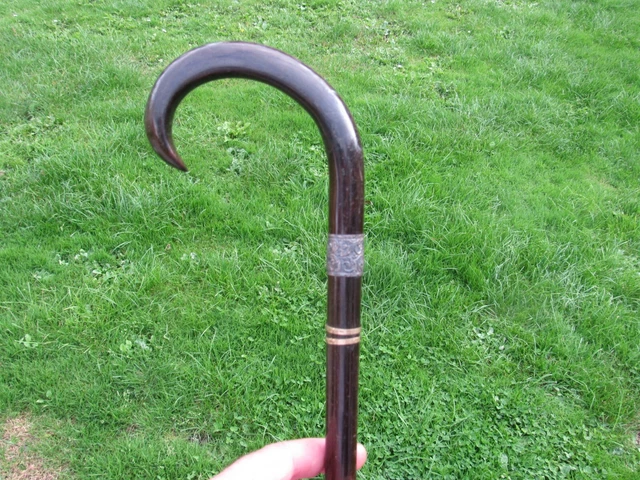 09J10 Antica Bastone da Passeggio Di Camminata Con Anello IN Argento Massiccio