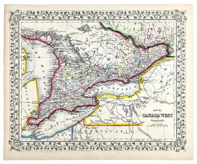 1867 ONTARIO CANADA Map ORIGINAL Toronto Great Lakes Ottawa RAILROADS TOWNSHIPS