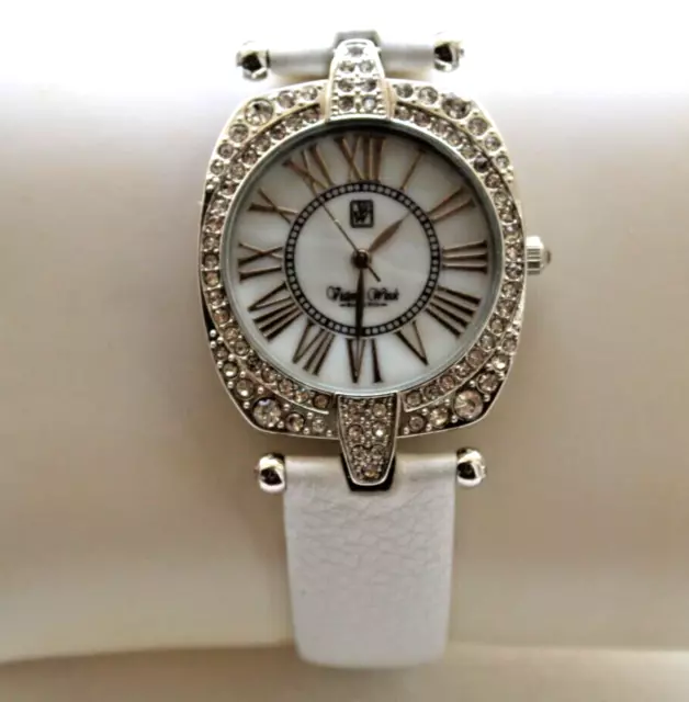 Victoria Wieck Watch Women  Silver Tone Bling Pave MOP Leather Band New Battery