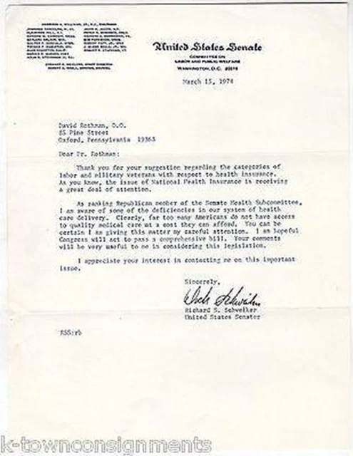 Richard Schweiker Pennsylvania Senator Labor & Welfare Autograph Signed Letter