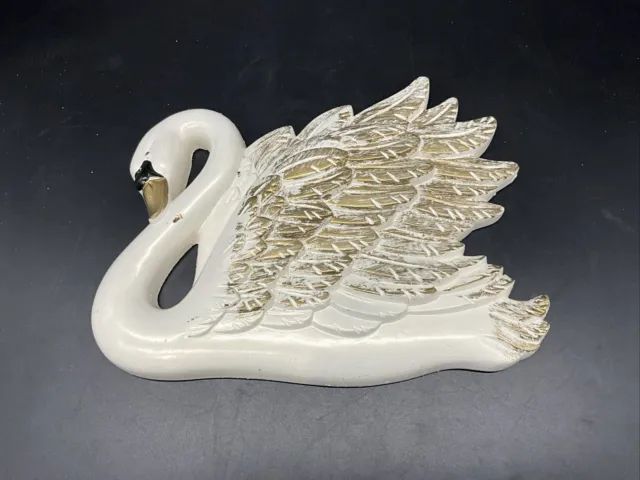 Vintage 1968 Miller Studio White Swan Chalkware Wall Art Plaque Gold Trim Decor