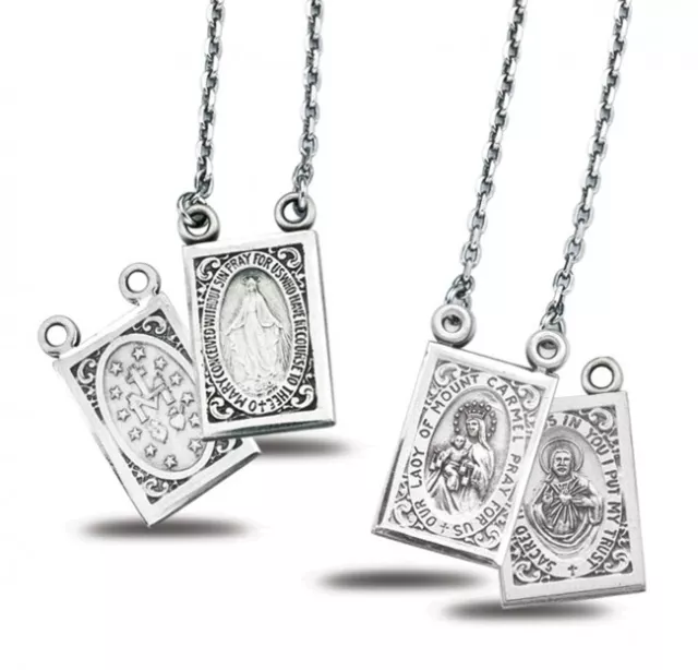 Sterling Silver Two Piece Miraculous Medals 0.9 In x 0.5 In Rhodium Plated Chain