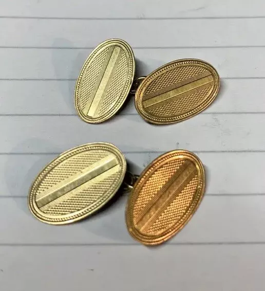 Vintage 9ct yellow gold Oval cuff links. Engine turned Birmingham 1976