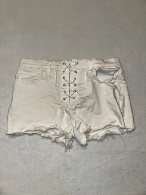 Express Womens Vintage Mid Rise Lace-Up Raw Hem Jean Shorts White Size 4 Stretch