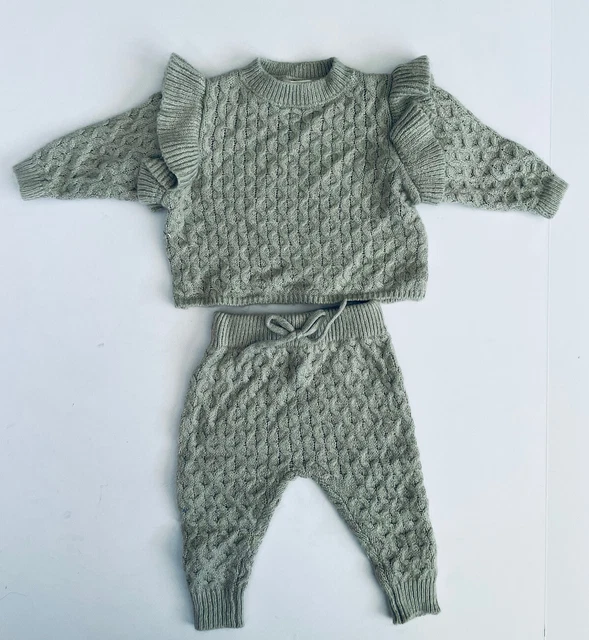 Rylee + Cru Baby Set Outfit 0-3 Months Cable Knit Sweater Pants Gray