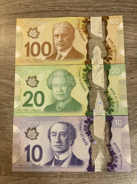 Canada 10+20+100 Dollars AUD Currency Polymer Note. 3 Banknotes Circulated Bills