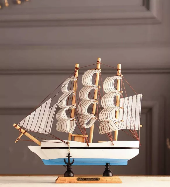 Wooden 7.5 Inches White And Sky Blue Sailing Ship Showpiece