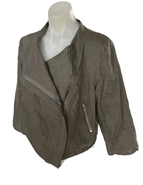 PORTMANS KHAKI LONG Sleeve Linen Zip Crop Jacket Size 16 MADE IN