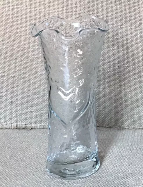 Vintage Anchor Hocking 6.5 Inch Clear Dimpled Glass Raised Heart Vase Ruffle Rim