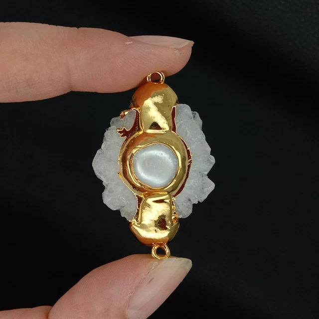 5 PCS Freshwater White Pearl Quartz Druzy Gold Plated Beads Connector For DIY