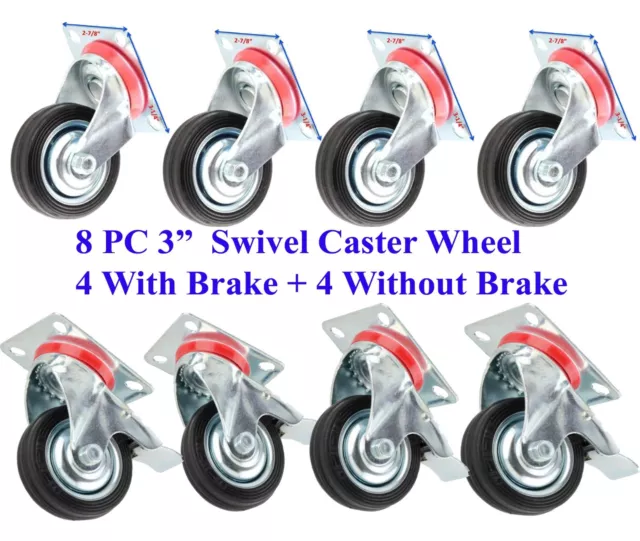 8 PC 3" Swivel Caster Wheel With Ball Bearings 4 PC With Brake + 4 PC Without