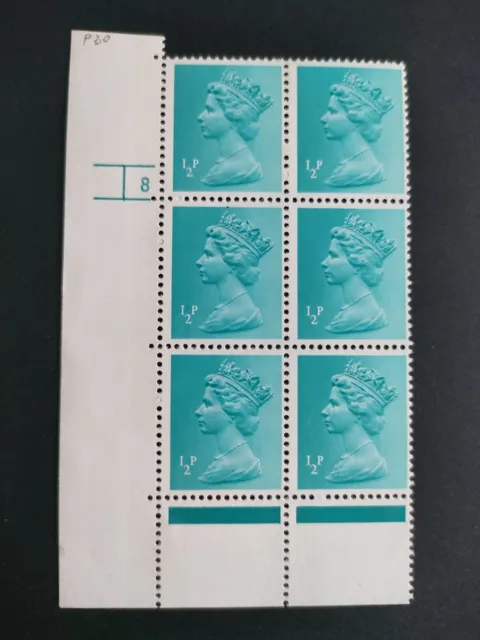 GB QEII 1971 1/2p Turquoise-blue Cylinder Num 8 No Dot. SGX841. MNH Block Of 6.