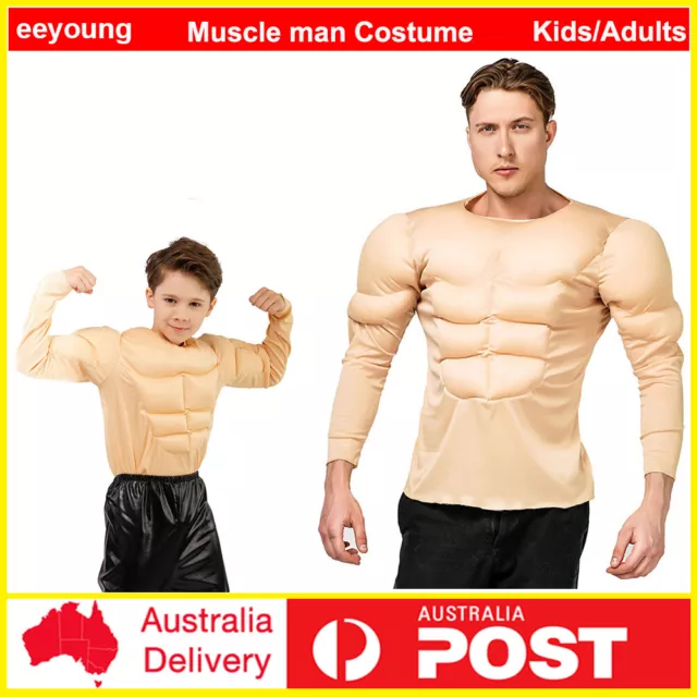 Adults Kids Muscle Man Suit Chest Padded Arms Shirt Beach Top Strong Man Costume