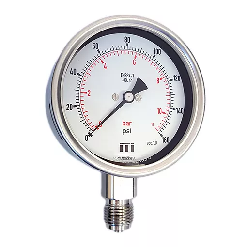 Jauge de pression cadran 100 mm glycérine connexion inférieure remplissable (tube Bourdon)
