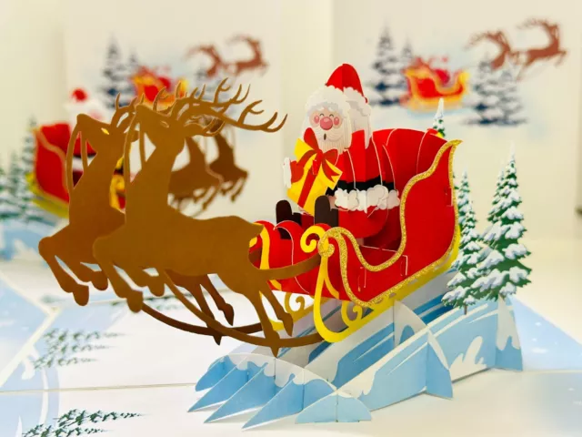 ORIGAMI POP CARDS Merry Christmas Santa Sleigh Reindeer 3D Pop Up Greeting Card