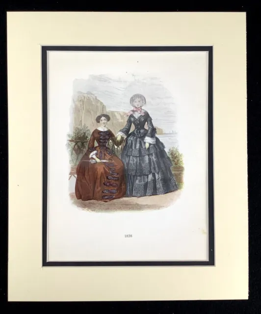 Antiguo Estampado Alto Victoriano Moda Mujer Vestidos Traje Apparel 1858