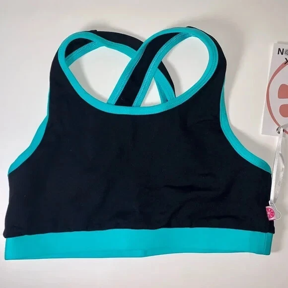 Girls Black and Aqua Sporty Bra Crop Top for Dance, Cheer, Gymnastics NWT